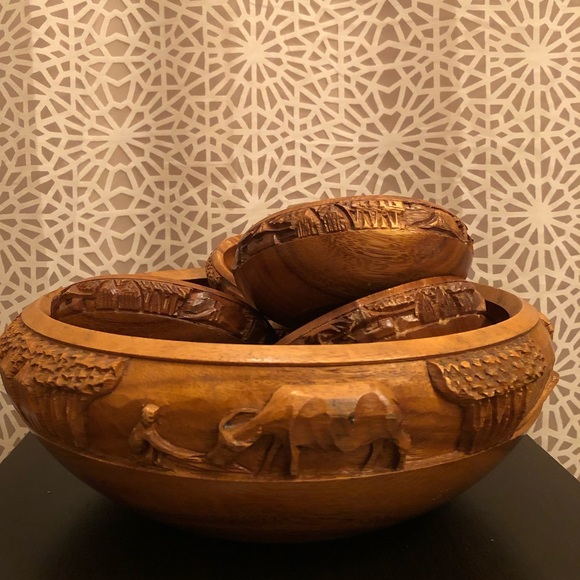 RARE Vintage Large Wooden Carved Salad Bowl Set - Picture 11 of 16